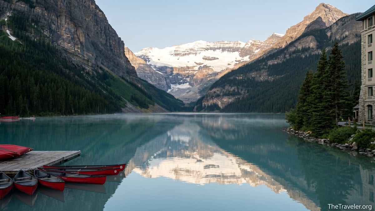 Victoria Glacier above turquoise Lake Louise, reflected in calm water with surrounding peaks and forest.