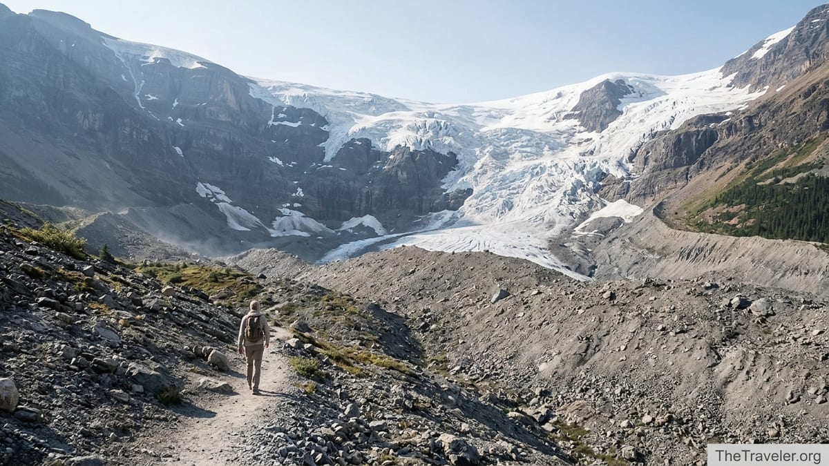 Hiker on the Plain of Six Glaciers trail walking toward the towering face of Victoria Glacier above Lake Louise.