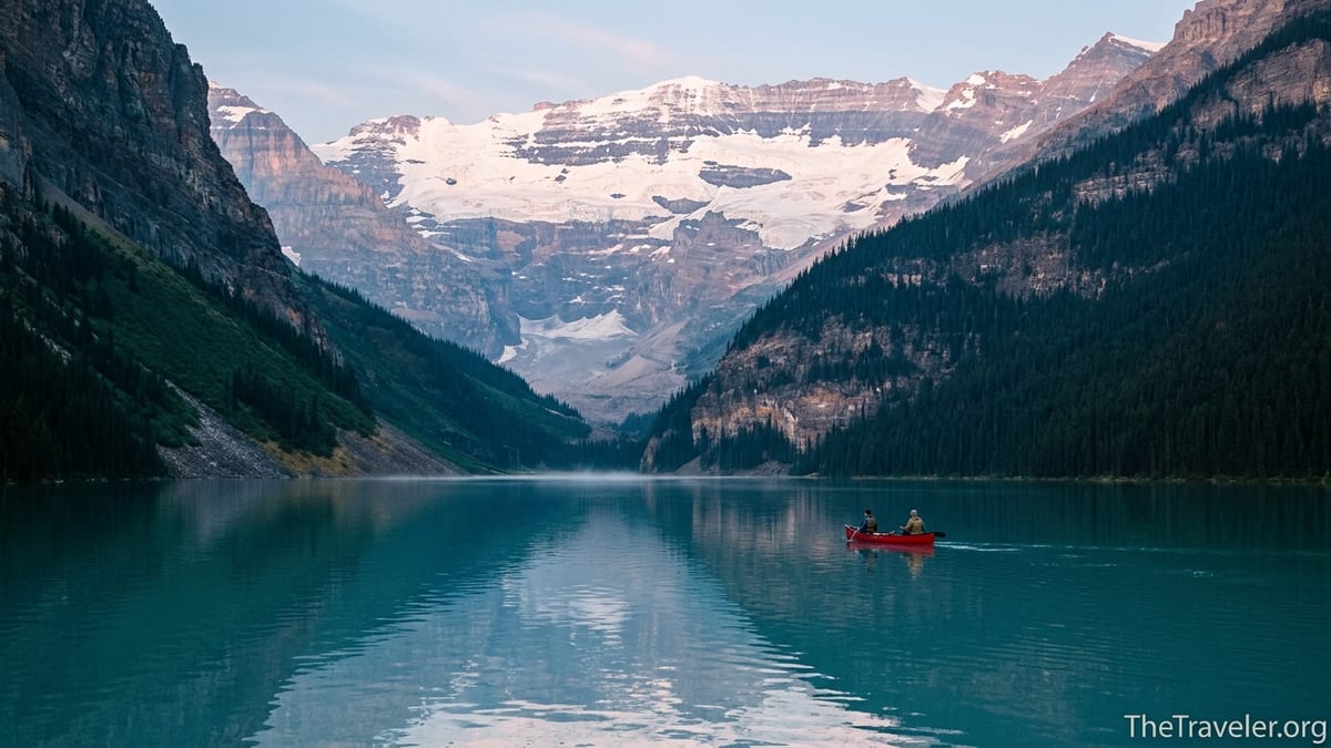 Early morning view of Lake Louise with Victoria Glacier and a canoe on calm turquoise water.