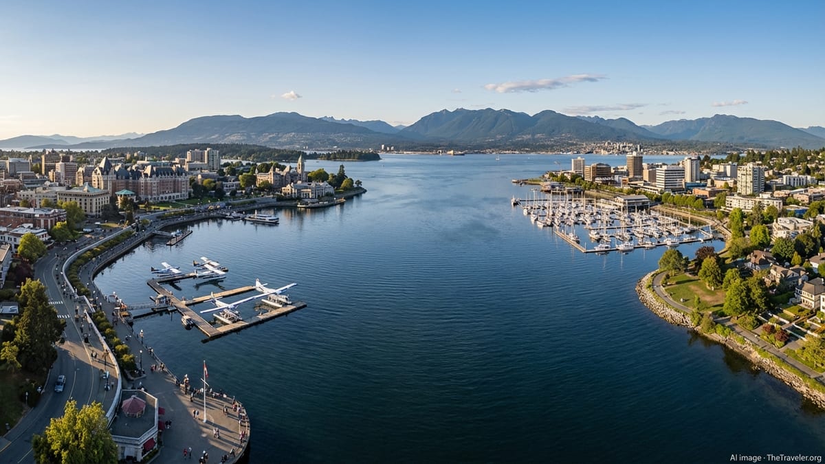 Aerial view of Victoria Inner Harbour and Nanaimo waterfront with mountains in the background.