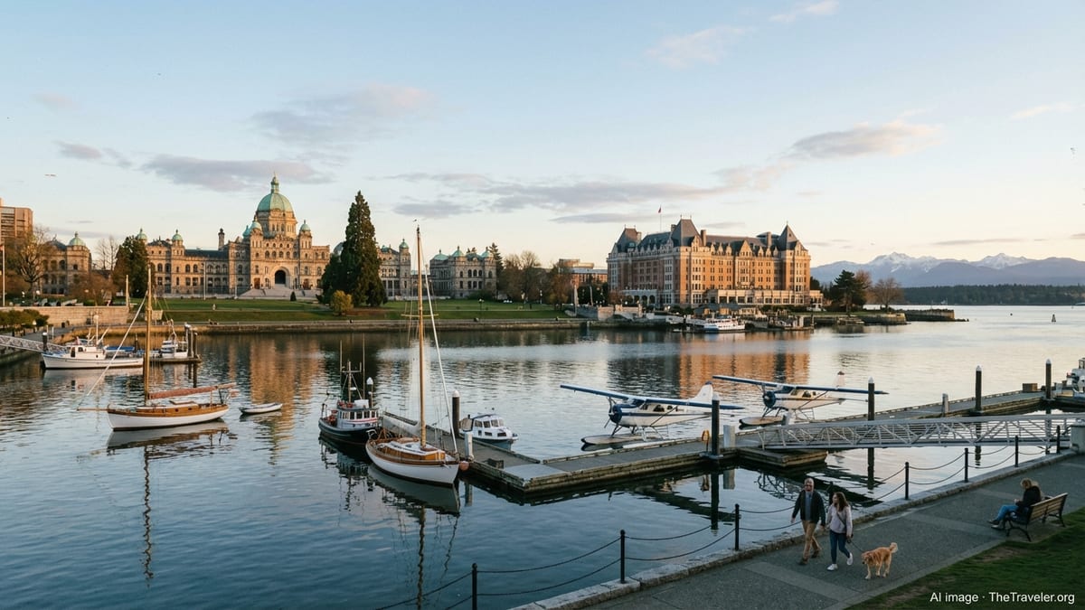 Golden hour view of Victoria BC Inner Harbour with parliament buildings and boats.