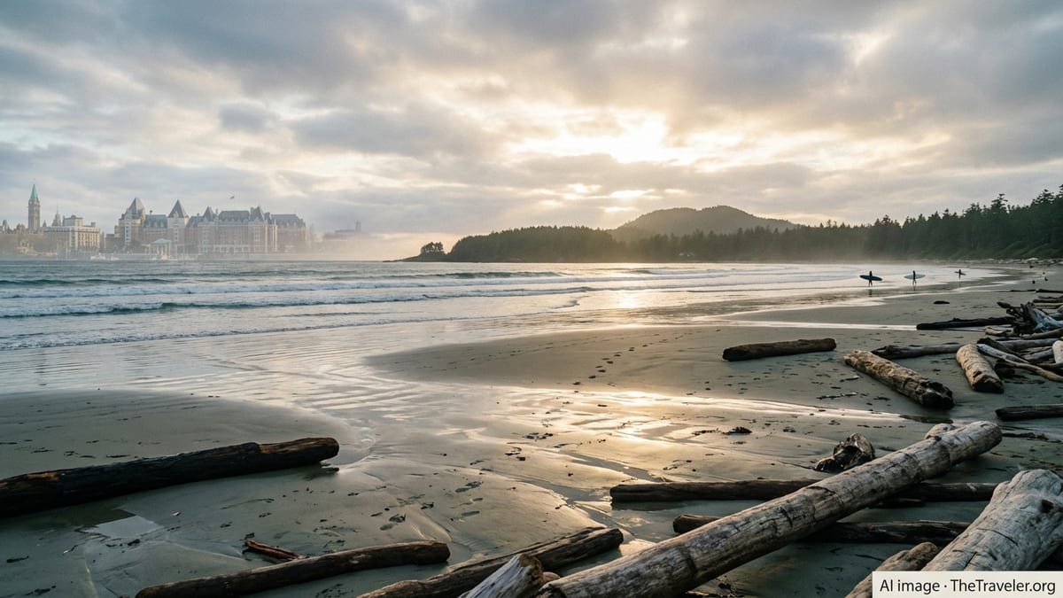 Driftwood beach near Tofino at sunset with waves, forested headland and distant city skyline.