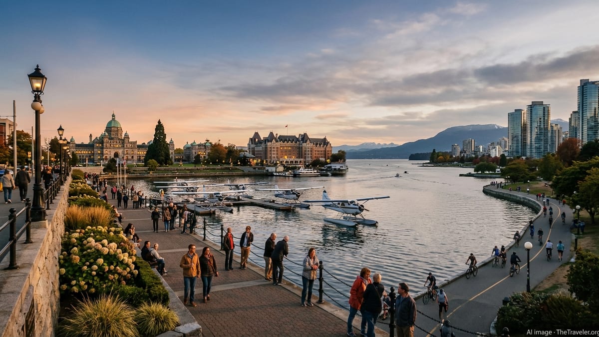 Victoria Inner Harbour promenade at sunset with distant Vancouver skyline and coastal mountains.