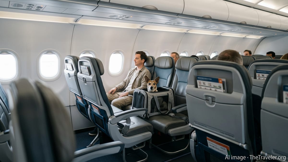 Passenger seated in an airplane cabin with a small dog in a carrier on the adjacent seat.