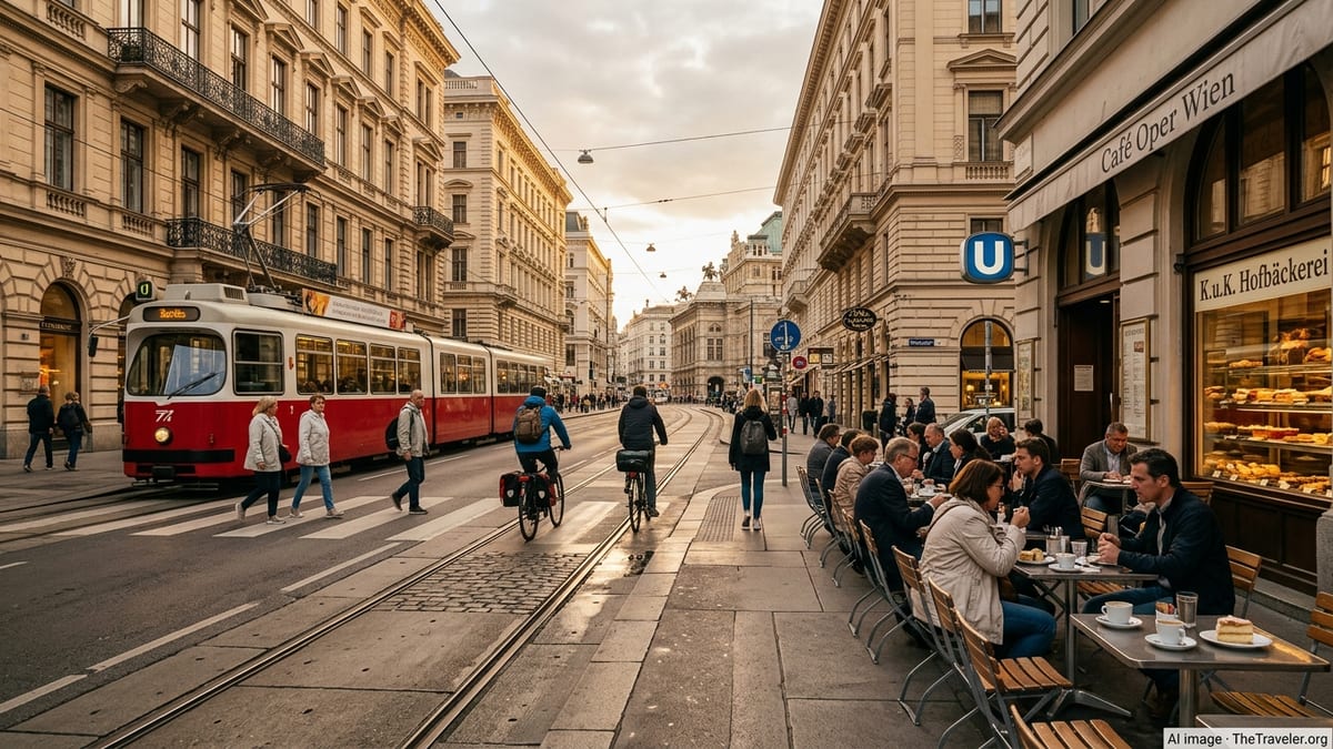Golden hour street scene in central Vienna with tram, cafés, and historic facades.