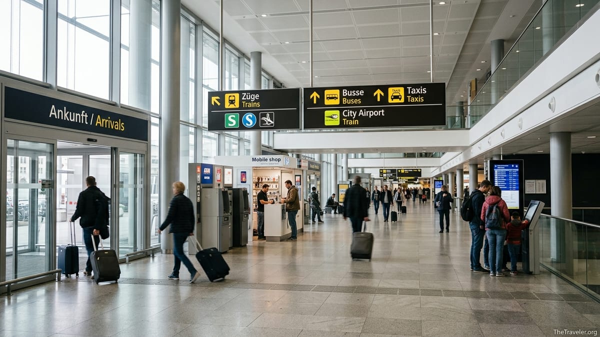 Arrivals hall at Vienna International Airport with travelers, signs to trains and taxis, ATMs and service counters.