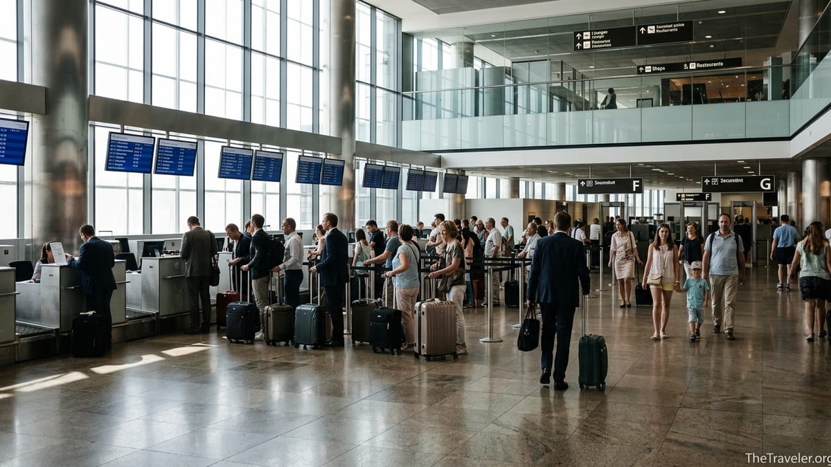 Busy departures hall at Vienna International Airport with travelers queuing at check-in and heading toward security.
