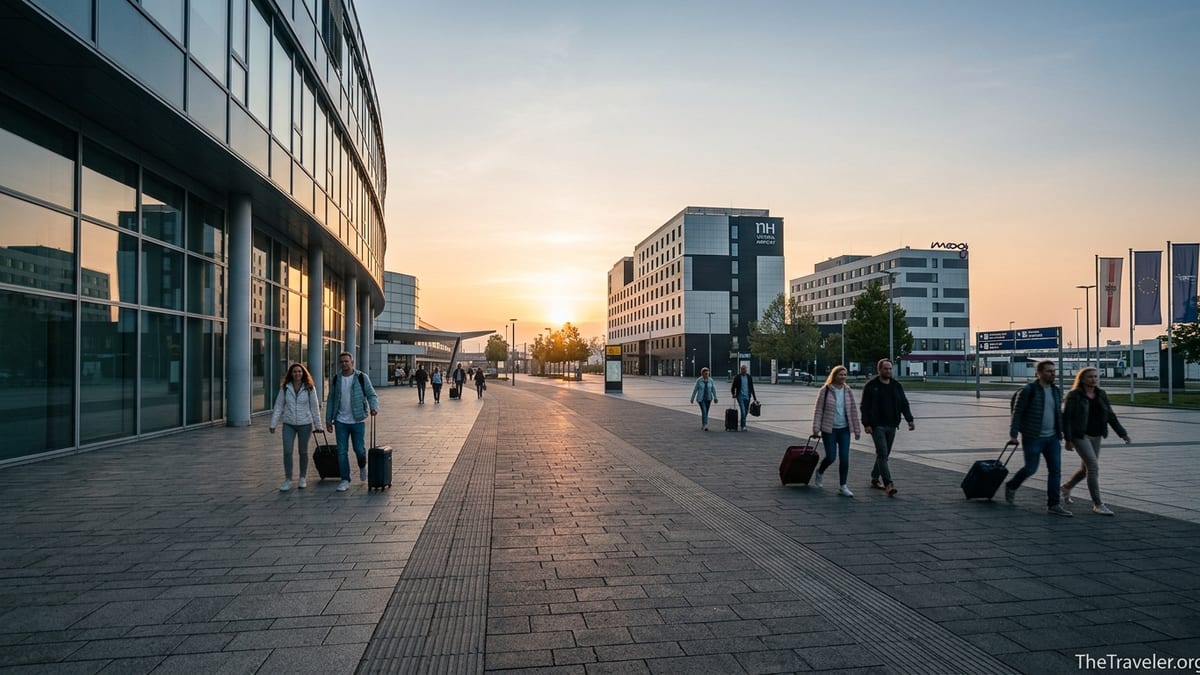 Early morning view of hotels and terminal outside Vienna International Airport with travelers walking.