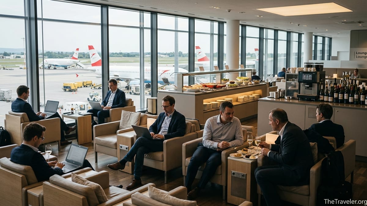 Travelers relaxing and working inside a bright lounge at Vienna International Airport with apron views.