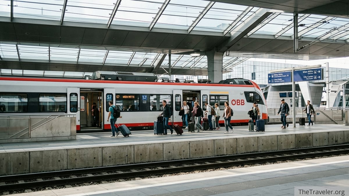 S7 suburban train at Vienna Airport station with travelers boarding on the platform.