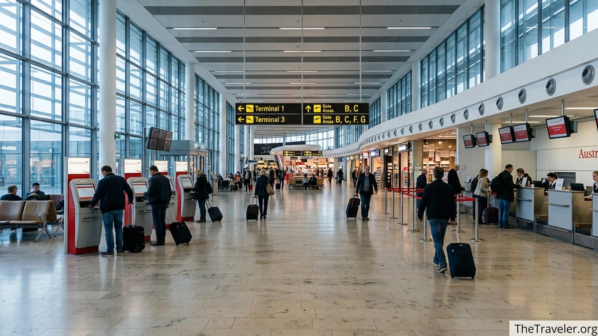 Departures hall at Vienna Airport showing connected Terminal 1 and Terminal 3 check-in areas.