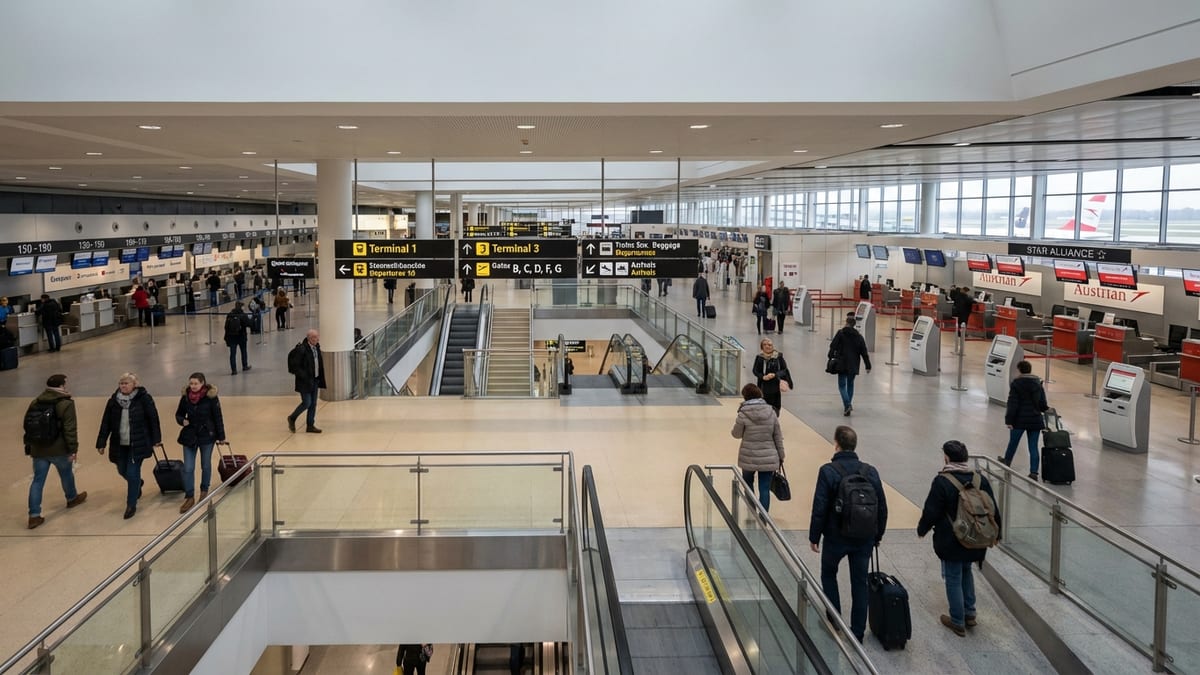 Overhead view of Vienna International Airport's interconnected terminal complex.