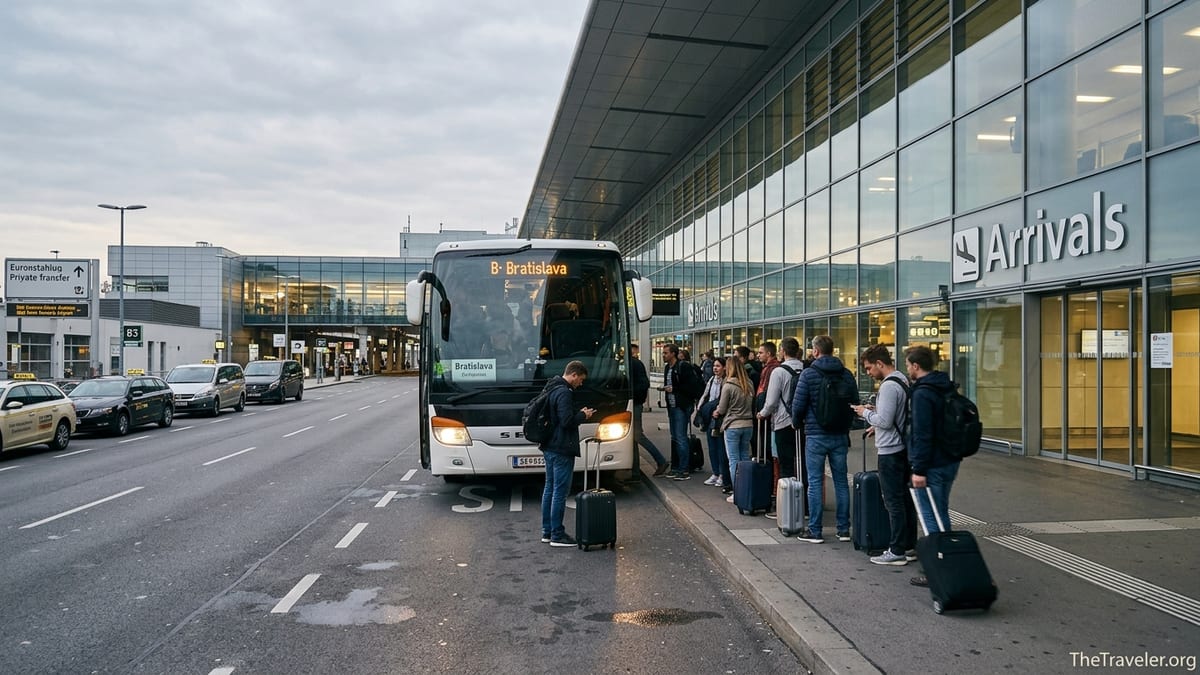 Passengers boarding a Bratislava coach outside Vienna International Airport arrivals.
