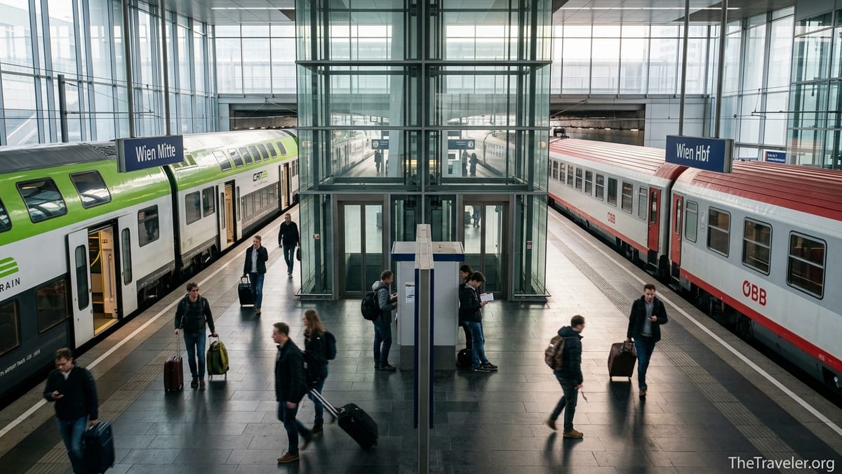 Passengers with luggage board trains from Vienna Airport platforms toward Vienna city centre.
