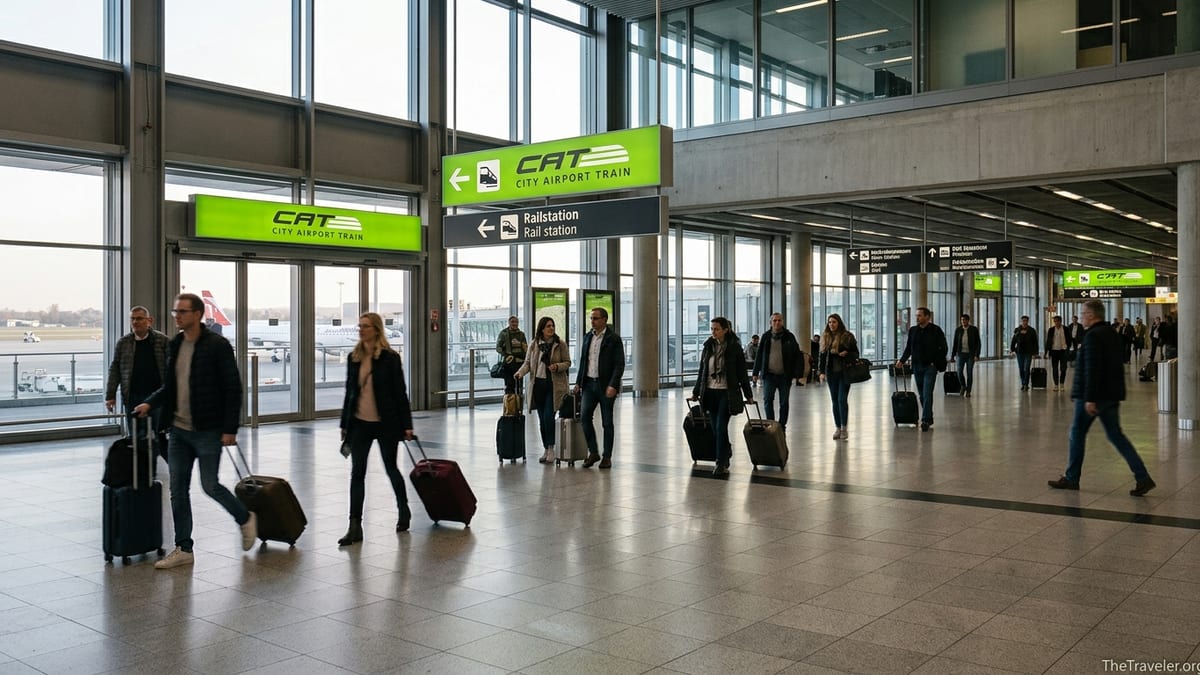 Travelers at Vienna Airport following green City Airport Train signs toward the station