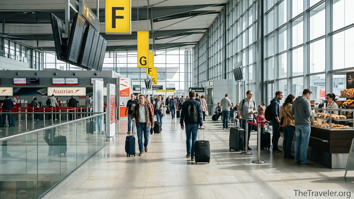 Travelers walking through Vienna International Airport Terminal 3 toward F and G gates.