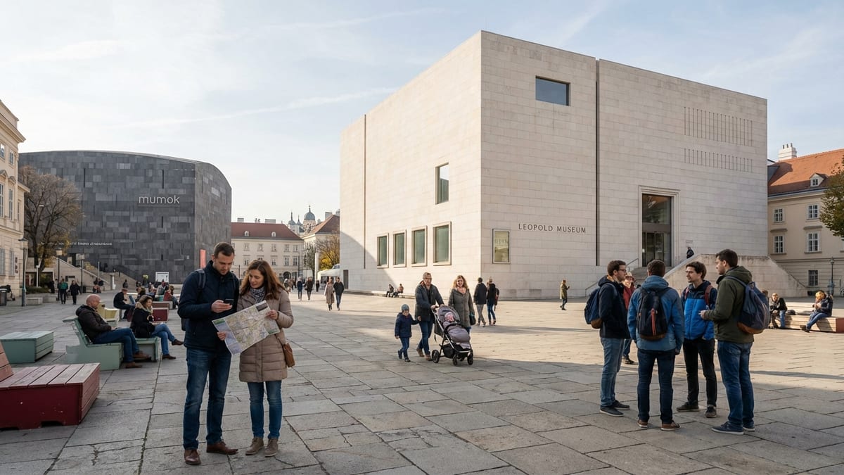Daytime view of Vienna's MuseumsQuartier courtyard featuring Leopold Museum.