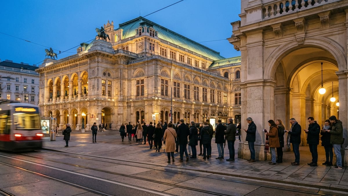 Evening scene outside Vienna State Opera with people queuing for tickets.
