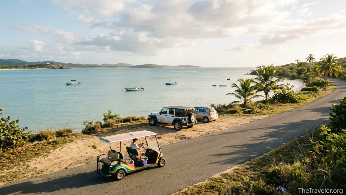 Jeep and golf cart parked near a beach access road on Vieques, Puerto Rico