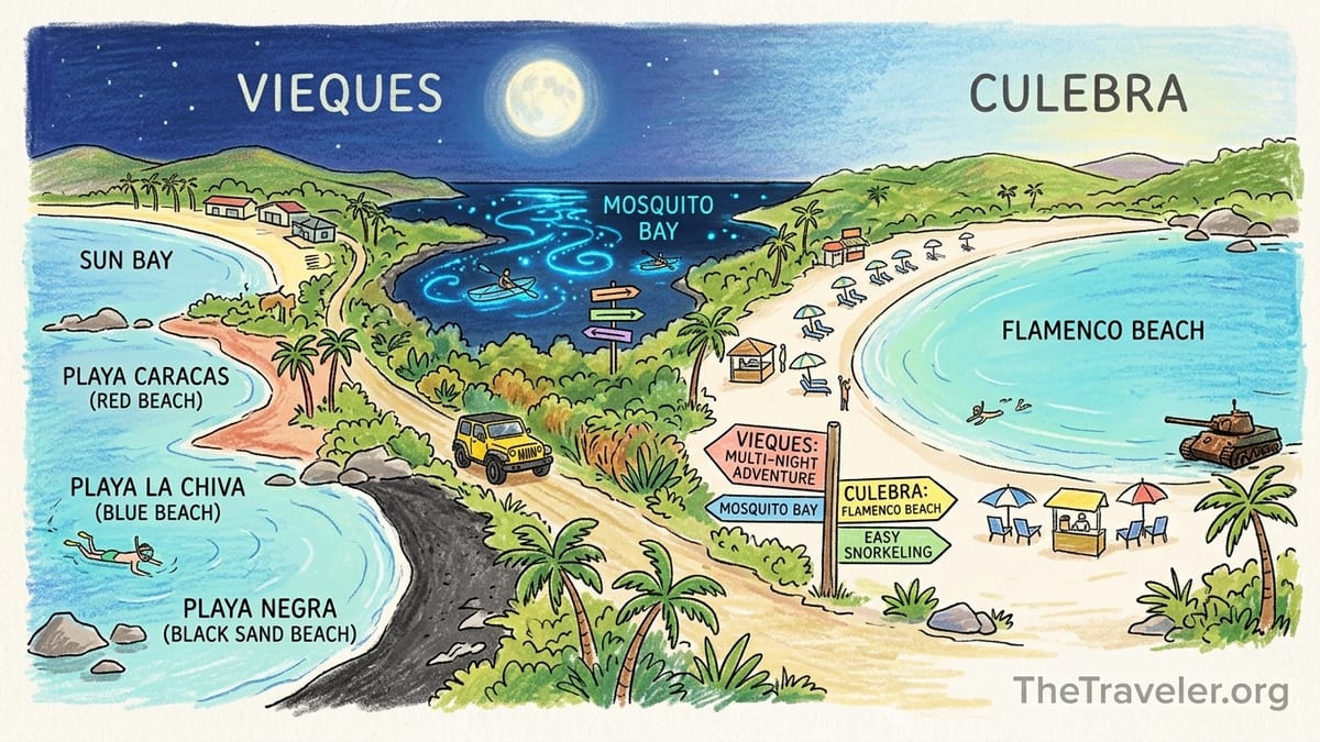 Vieques and Culebra comparison scene with Mosquito Bay glow and Flamenco Beach shoreline