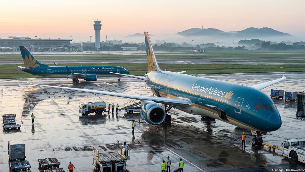 Vietnam Airlines widebody and 737 MAX jet on a misty morning apron in Hanoi.