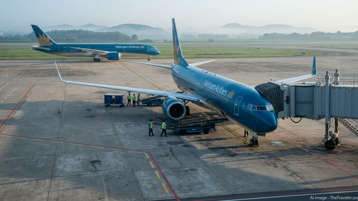 Vietnam Airlines Boeing 737-8 MAX at Hanoi gate at sunrise with ground crew.