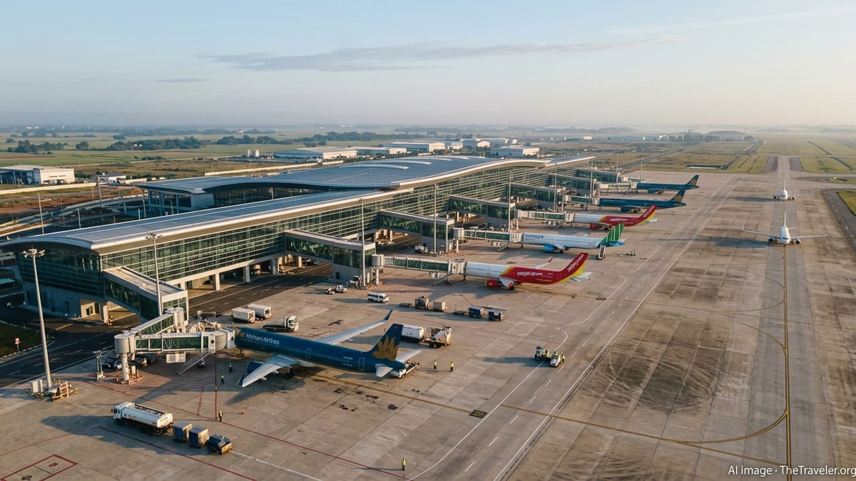 View over a modern Vietnamese airport terminal with aircraft on the apron at sunrise.