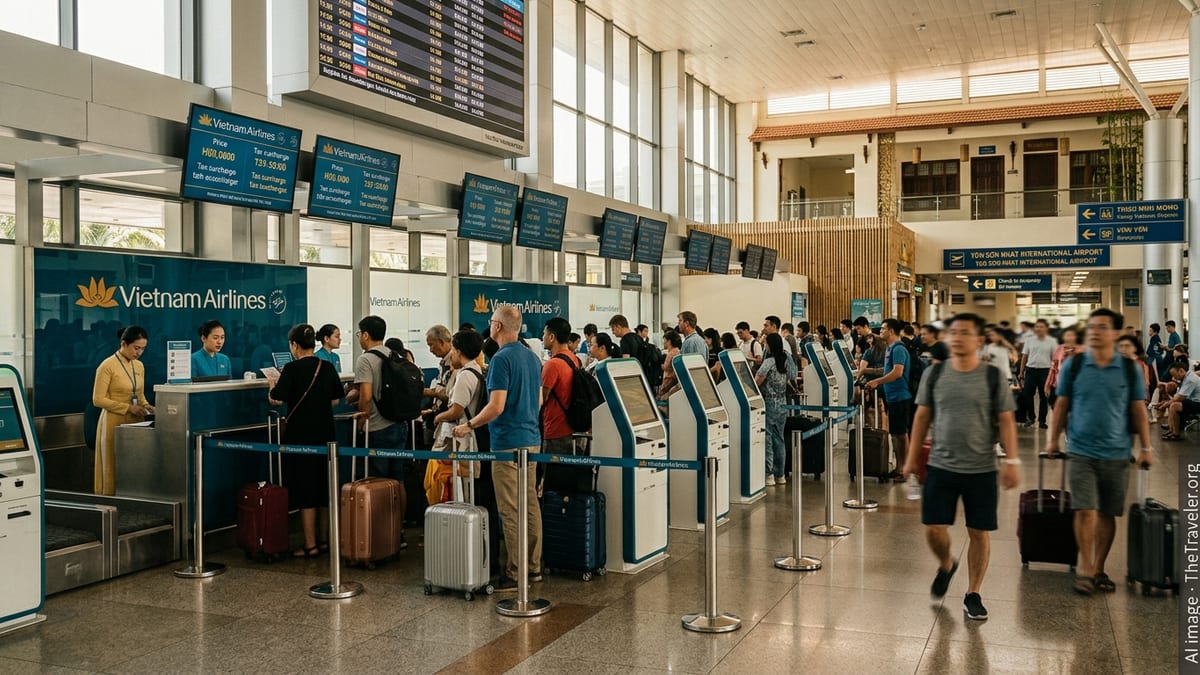 Crowded Vietnam airport check in hall as travelers face higher airfares and fuel surcharges.