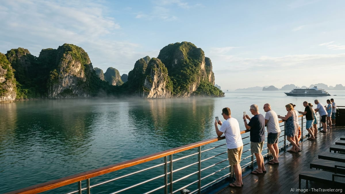 Cruise passengers on deck at sunrise overlooking limestone islands in Ha Long Bay.