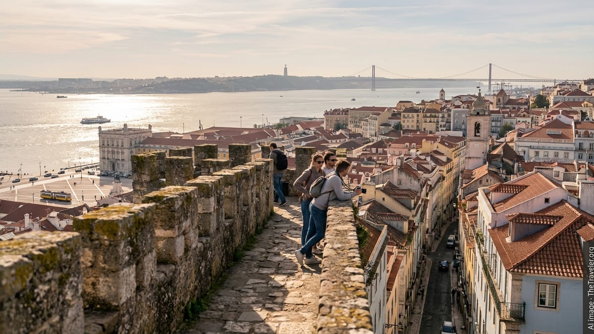 View from Castelo de São Jorge overlooking historic Lisbon at golden hour.
