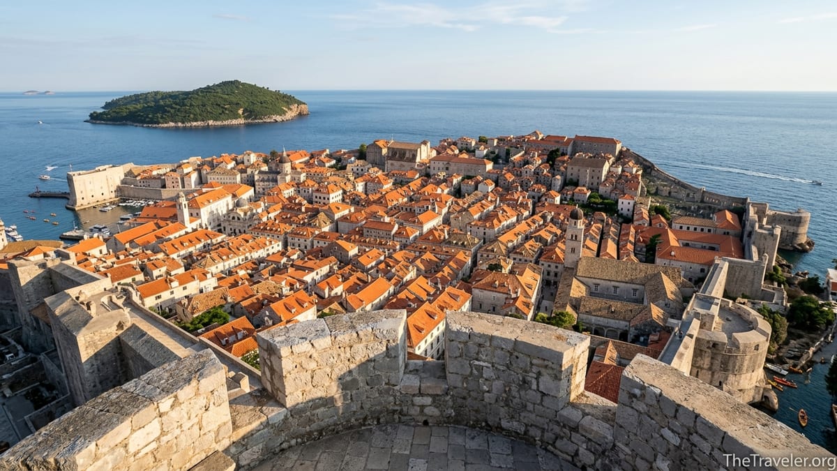 View over Dubrovnik’s Old Town rooftops and sea from the top of Minčeta Tower at sunset.