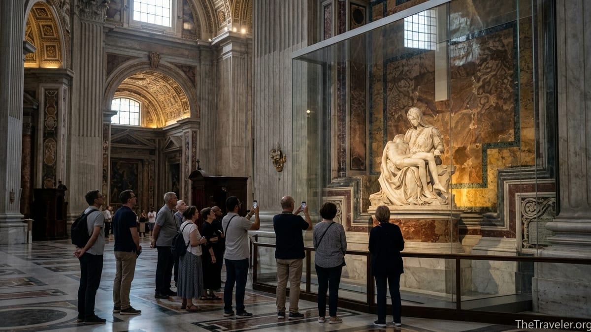 Visitors quietly viewing Michelangelo’s Pietà behind glass inside St Peter’s Basilica.