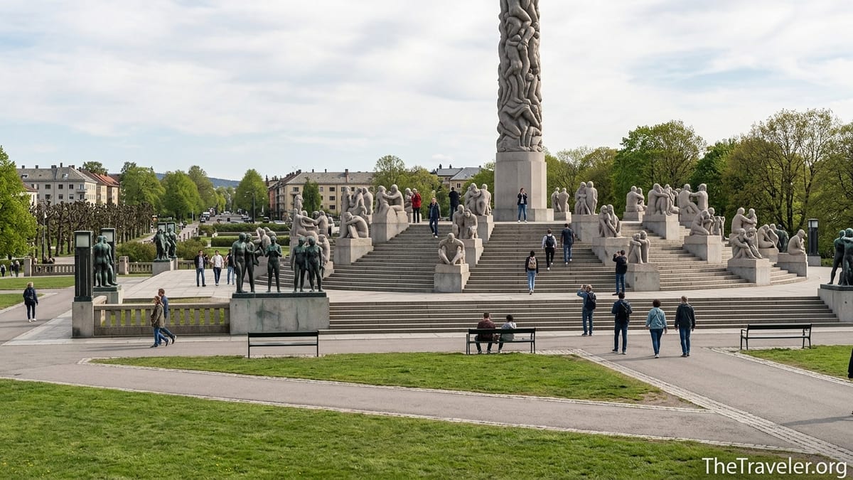 Visitors walking among granite sculptures at Vigeland Sculpture Park in Oslo on a sunny day.