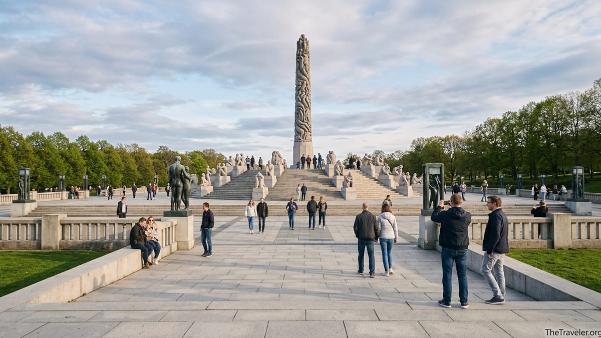 Visitors exploring the Monolith Plateau and sculptures at Vigeland Sculpture Park in Oslo.