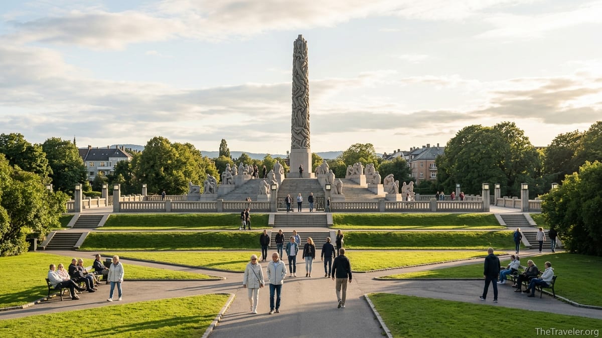 Visitors walking among sculptures at Vigeland Sculpture Park in Oslo on a sunny evening.