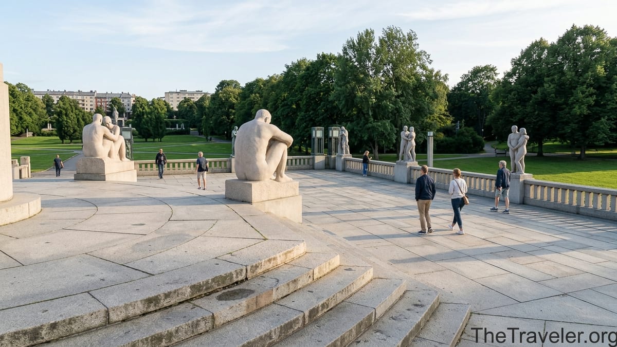 Visitors walk among granite sculptures on the Monolith plateau in Oslo’s Vigeland Sculpture Park.