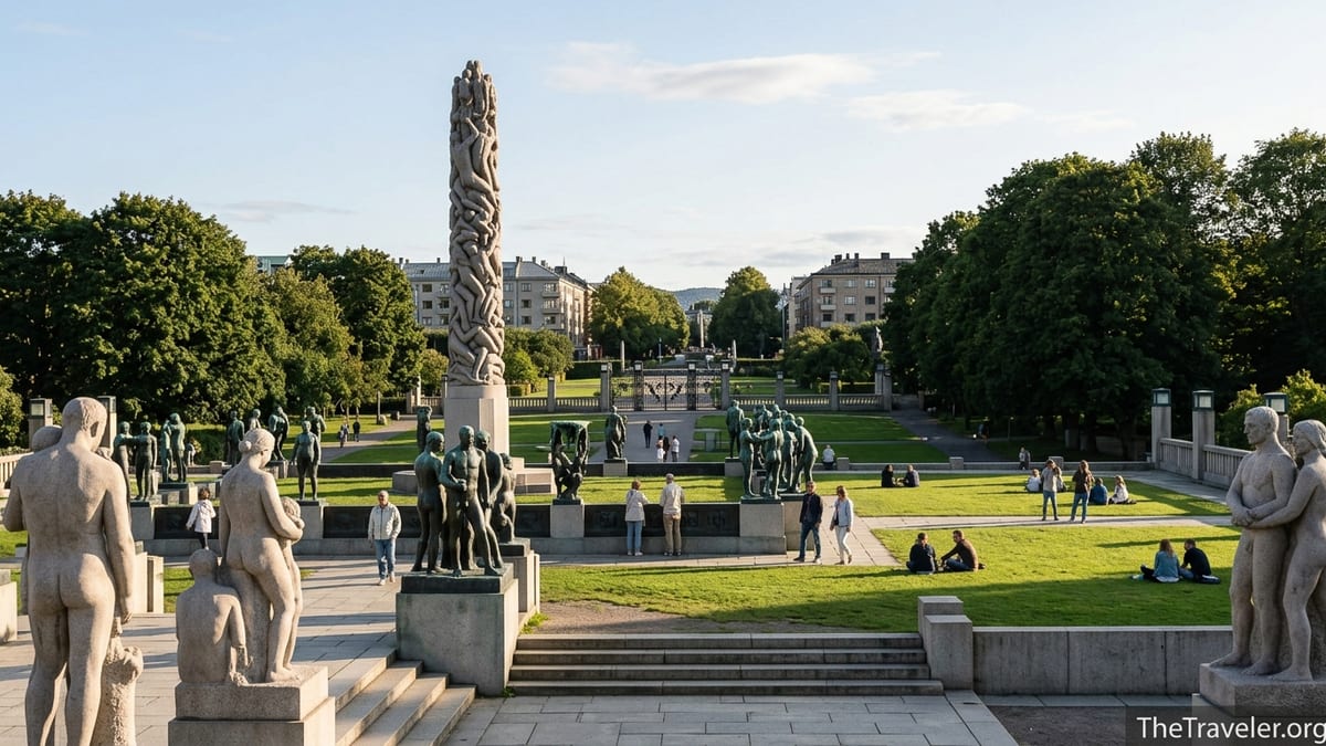 Visitors walking among granite sculptures at Vigeland Sculpture Park in Oslo on a sunny evening.