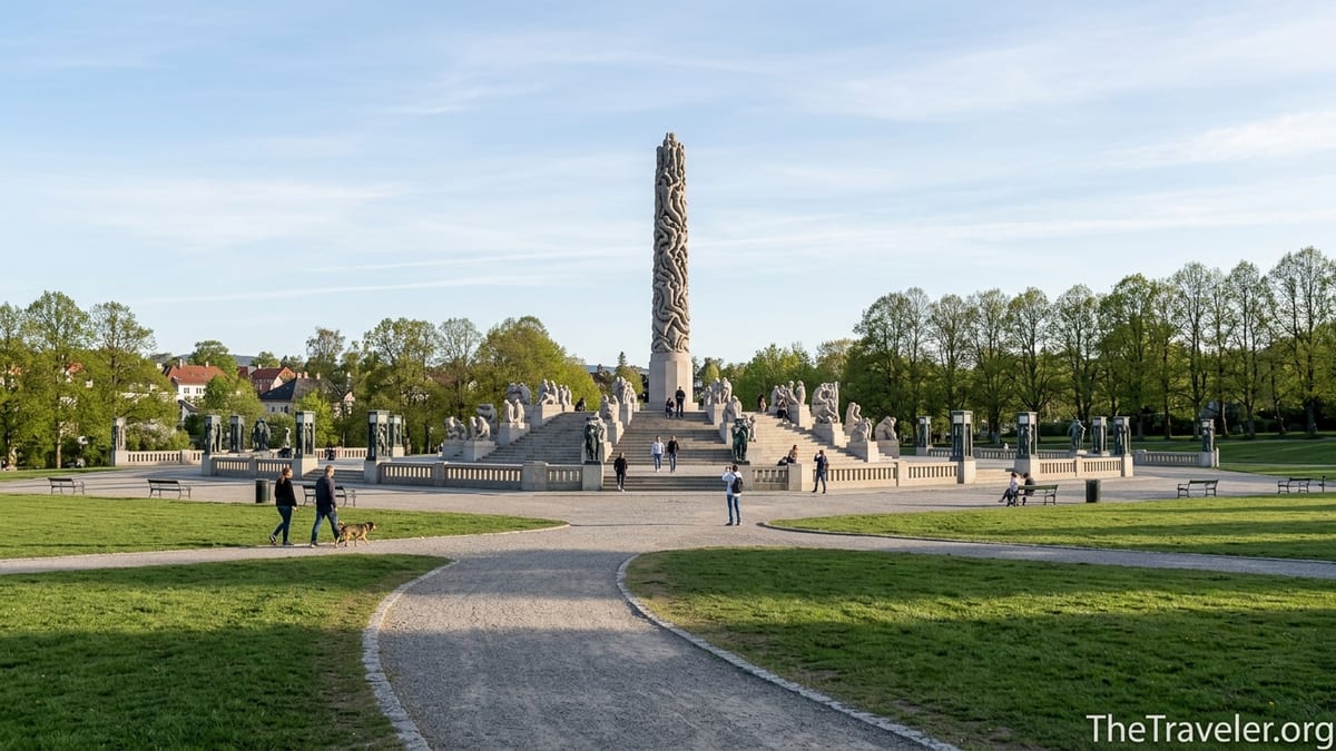 Visitors walking around the Monolith sculptures in Oslo’s Vigeland Sculpture Park on a sunny evening