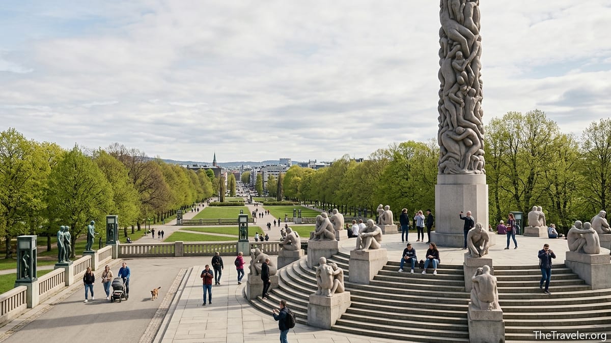 Visitors exploring the Monolith and terraces at Vigeland Sculpture Park in Oslo on a sunny day.