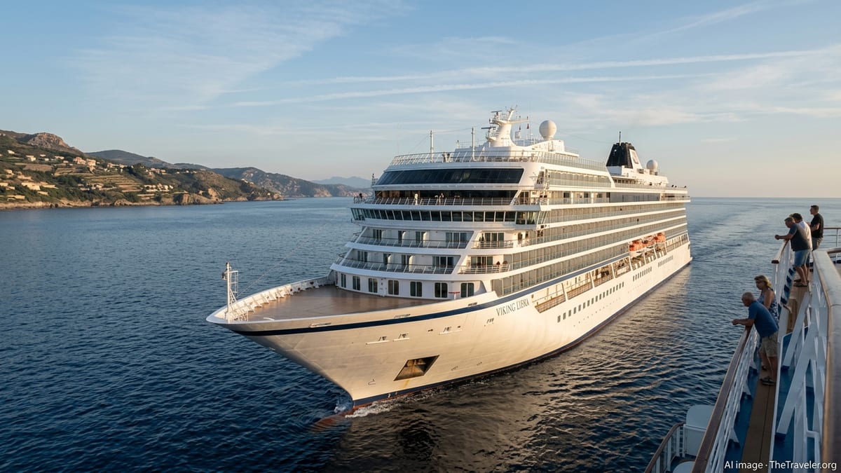 Hydrogen-ready Viking cruise ship sailing at sunset off a Mediterranean coastline.