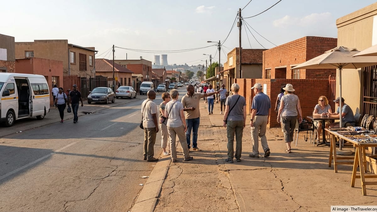 Tourists and locals interact on Vilakazi Street in Soweto, South Africa.