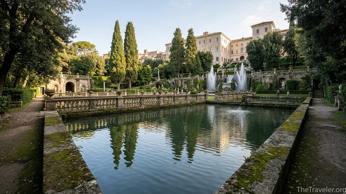View from lower gardens of Villa d’Este in Tivoli with fish ponds, cypress trees and palace above at late afternoon.