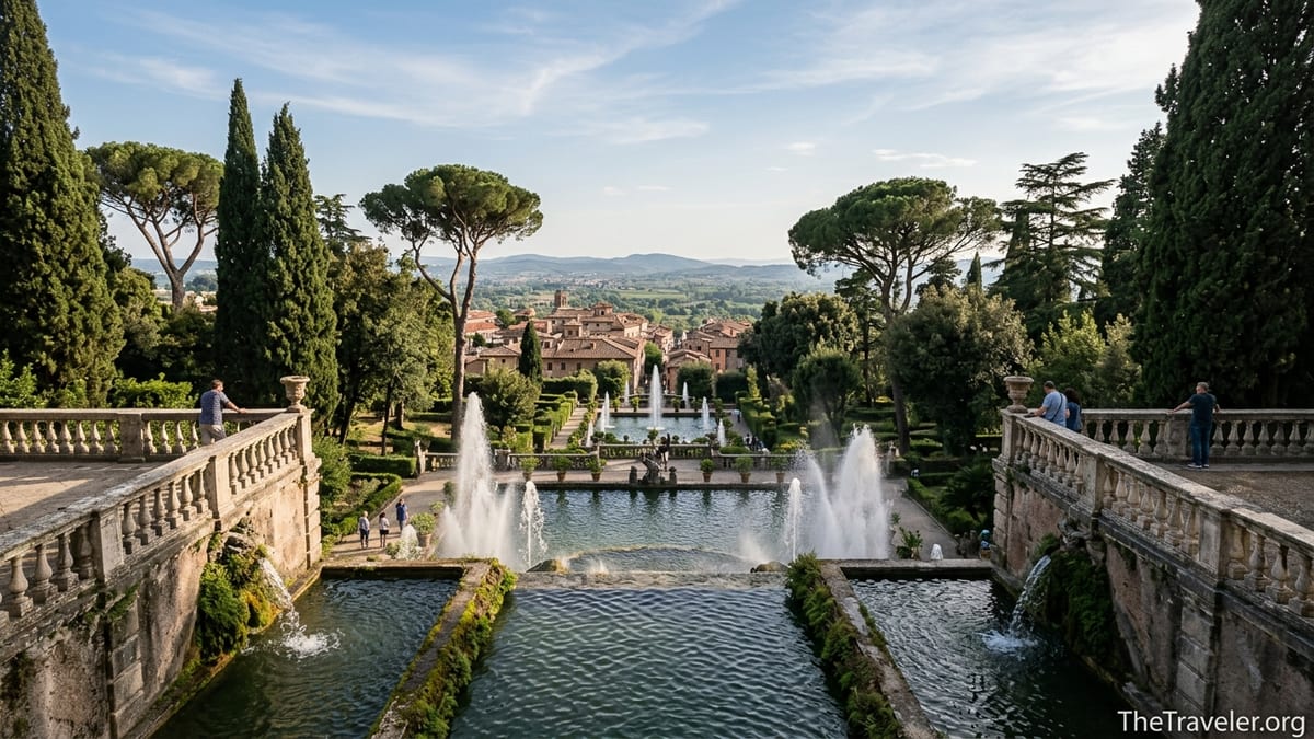 View over the fountains and terraced gardens of Villa d’Este in Tivoli near Rome.