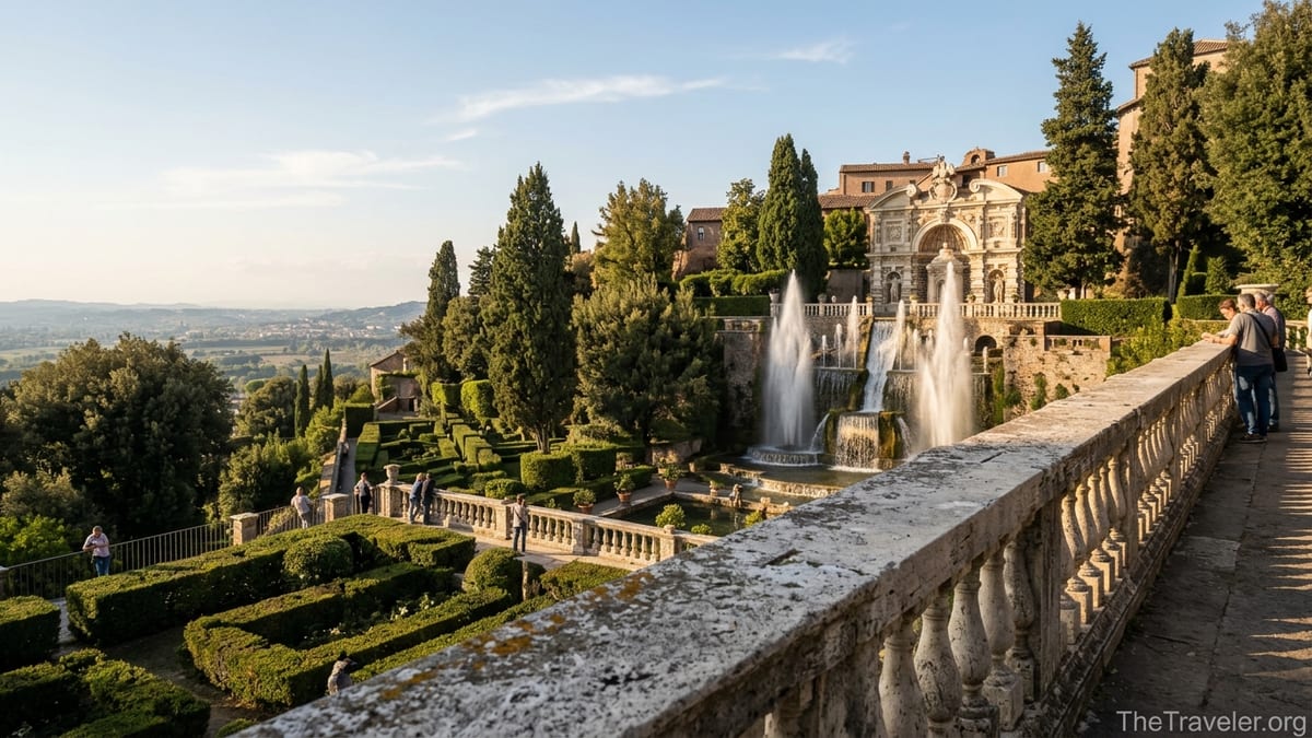 View from Villa d’Este terrace over fountains and gardens toward Tivoli valley at sunset.