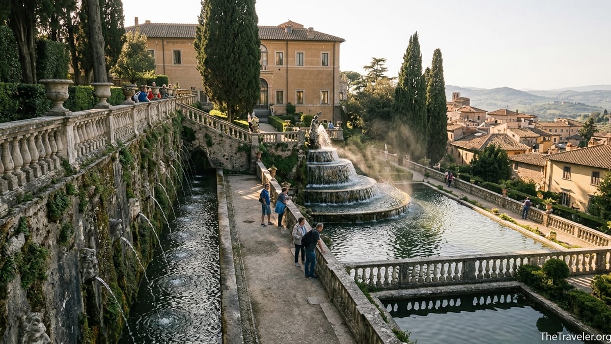 Golden hour view of Villa d’Este gardens with fountains and cypress trees in Tivoli, Italy.