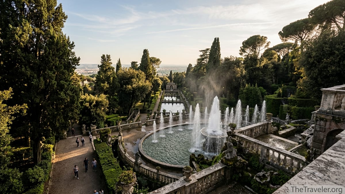 Terraced fountains and cypress lined gardens of Villa d’Este in Tivoli on a sunny afternoon.