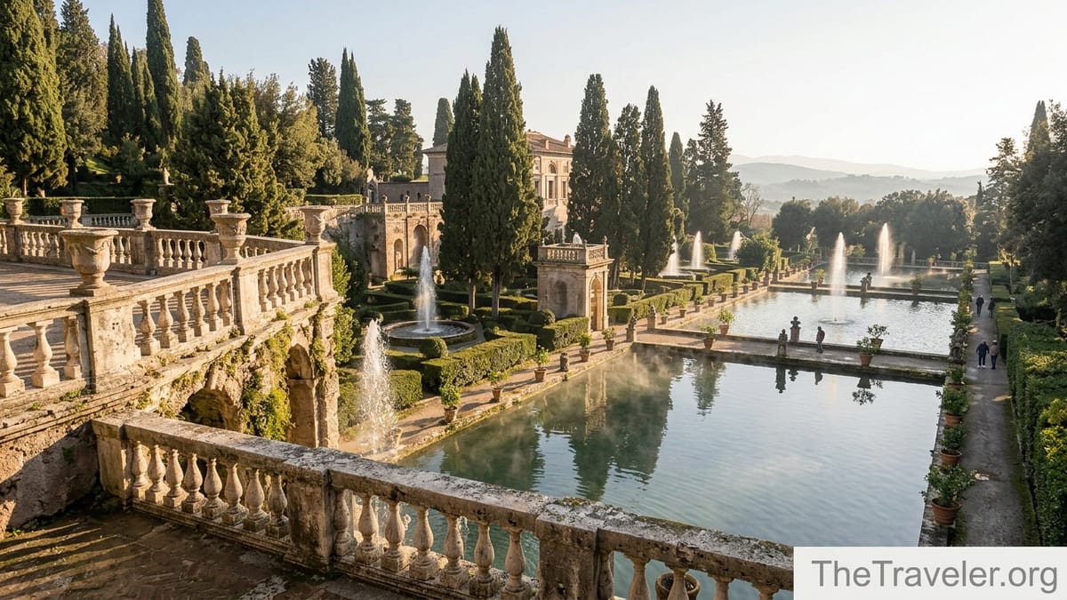 Golden hour view over the fountains and ponds of Villa d’Este in Tivoli, Italy.