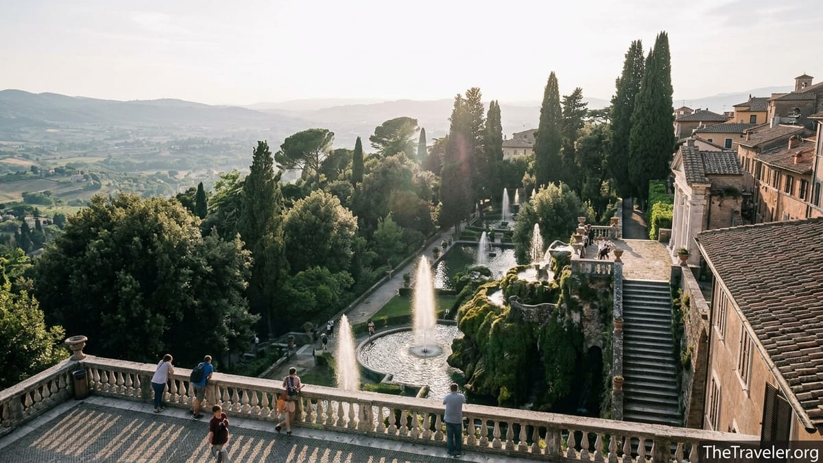 View over Villa d’Este’s cascading fountains and Tivoli valley in late afternoon light.