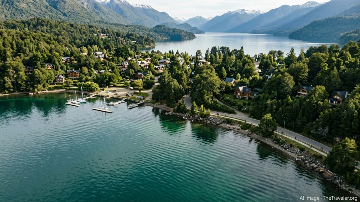 Aerial view of Villa La Angostura on Lake Nahuel Huapi surrounded by forests and mountains.