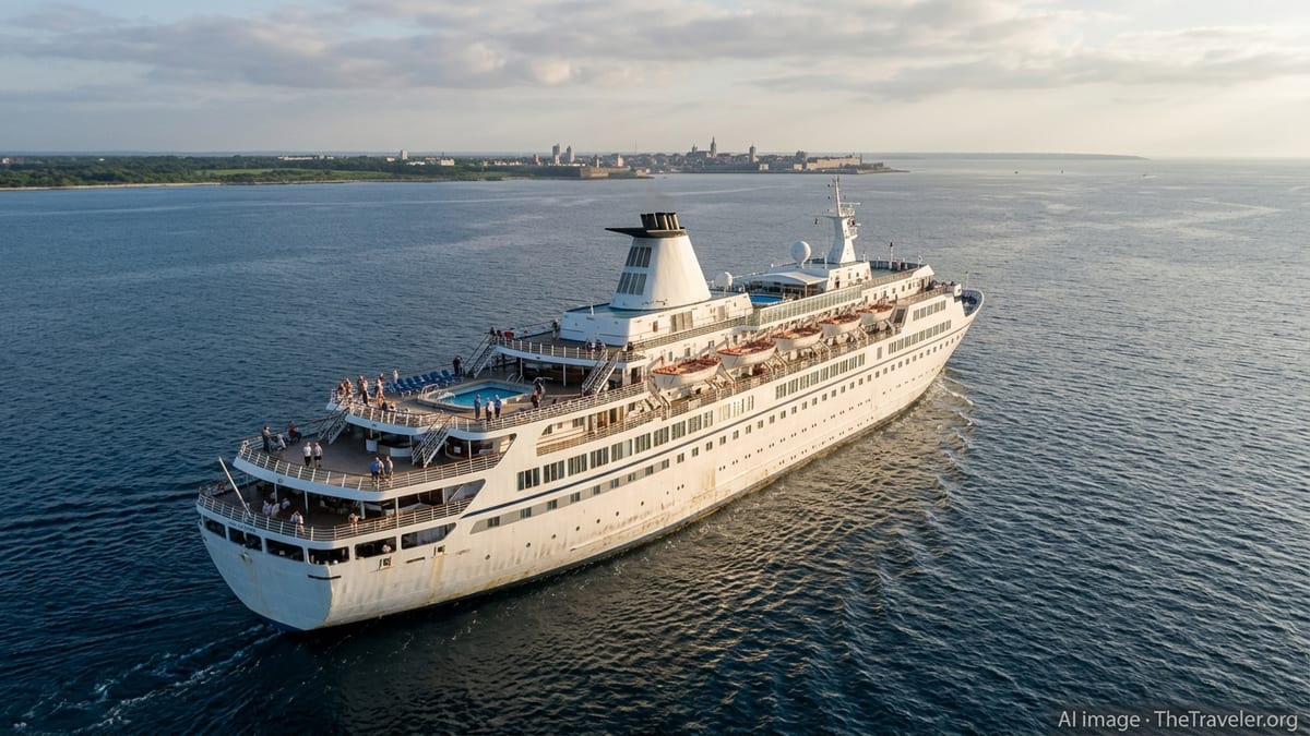 Aerial view of Villa Vie Odyssey cruising at sunset with residents on deck and coastline in the distance.